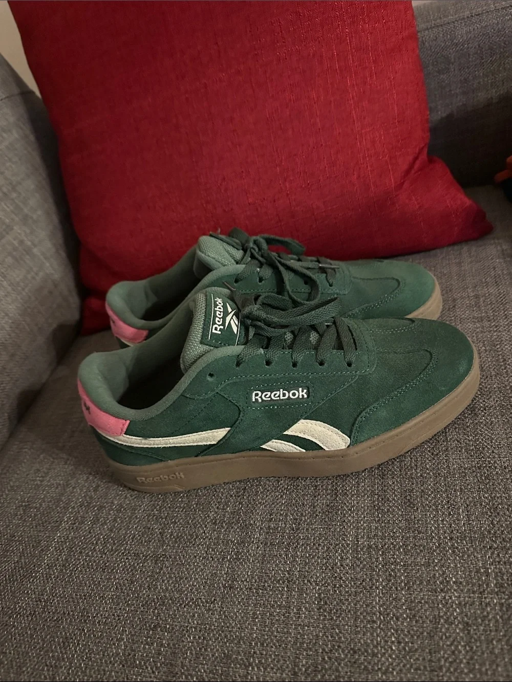 Reebok Green Suede Low-Top Sneakers with Pink Heel Accent